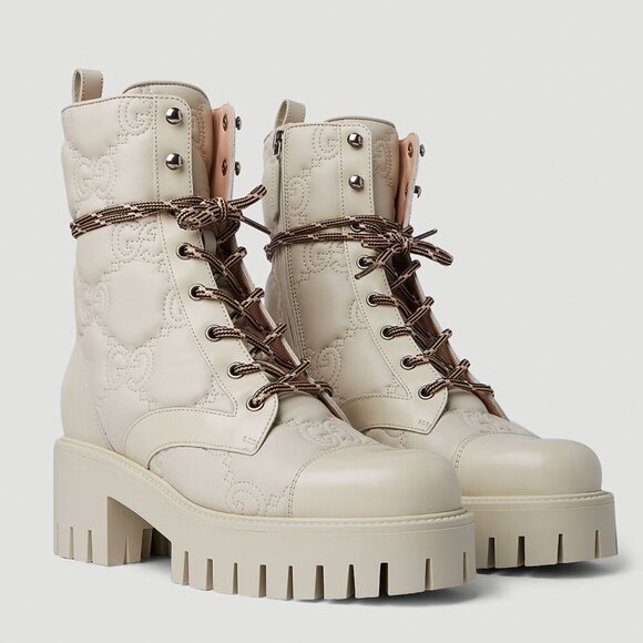 GUCCI BOOTS ANKLE WHITE GG LOGO LEATHER QUILTED LACE-UP  sz 41 11 US - Picture 4 of 15